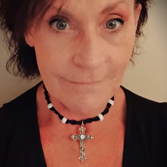 Antique Style Gold-Toned Cross Rhinestone on a 16 1/4" Handmade Black Hemp Chain - Picture 3 of 6